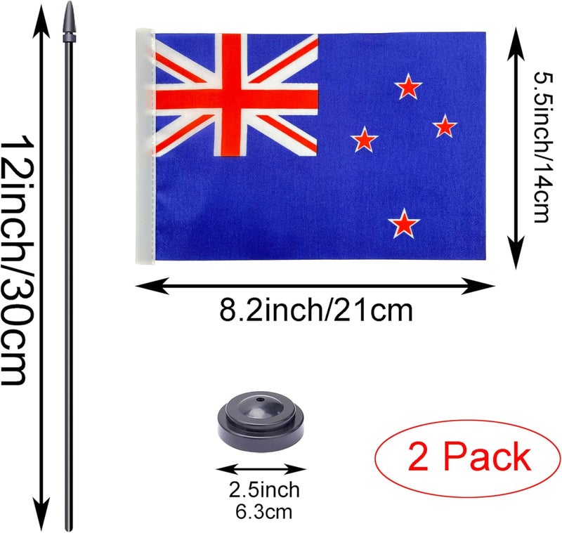 WXTWK 2 Pack New Zealand Flag New Zealand Deluxe Desk Flag Set - Mini Small New Zealand Table Office Flags with Black 12" Solid Pole Stand Base Classroom Meeting Desktop Decorations - Image 2